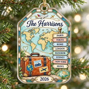 Our Travel Adventures – Personalized Family Name & Destinations Acrylic Christmas Ornament, Custom Travel Memories Gift for Travelers