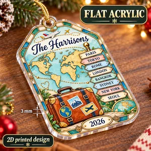 Our Travel Adventures – Personalized Family Name & Destinations Acrylic Christmas Ornament, Custom Travel Memories Gift for Travelers