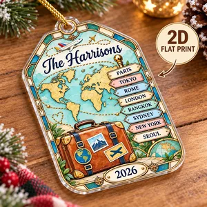 Our Travel Adventures – Personalized Family Name & Destinations Acrylic Christmas Ornament, Custom Travel Memories Gift for Travelers