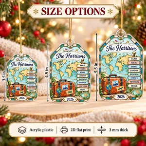Our Travel Adventures – Personalized Family Name & Destinations Acrylic Christmas Ornament, Custom Travel Memories Gift for Travelers
