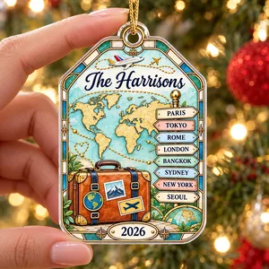 Our Travel Adventures – Personalized Family Name & Destinations Acrylic Christmas Ornament, Custom Travel Memories Gift for Travelers