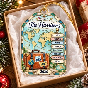 Our Travel Adventures – Personalized Family Name & Destinations Acrylic Christmas Ornament, Custom Travel Memories Gift for Travelers