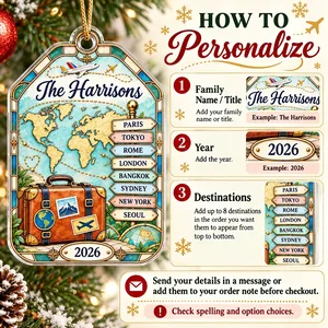 Our Travel Adventures – Personalized Family Name & Destinations Acrylic Christmas Ornament, Custom Travel Memories Gift for Travelers