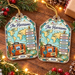 Our Travel Adventures – Personalized Family Name & Destinations Acrylic Christmas Ornament, Custom Travel Memories Gift for Travelers