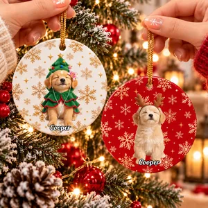 Christmas Gift For Dog Cat Lovers - Personalized Custom Photo Snowflake Pet Portrait And Name Circle Ceramic Ornament