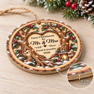 Custom Couple Names Wooden Christmas Ornament - Rustic Heart Tree Design