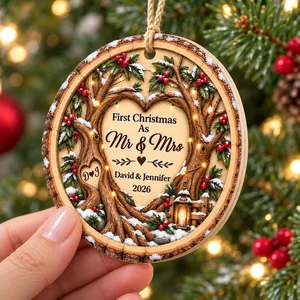 Custom Couple Names Wooden Christmas Ornament - Rustic Heart Tree Design