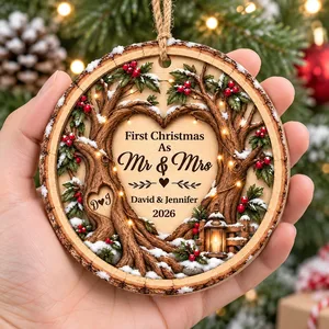 Custom Couple Names Wooden Christmas Ornament - Rustic Heart Tree Design