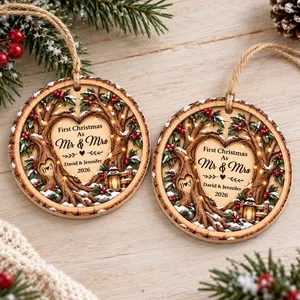 Custom Couple Names Wooden Christmas Ornament - Rustic Heart Tree Design