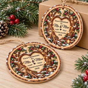 Custom Couple Names Wooden Christmas Ornament - Rustic Heart Tree Design
