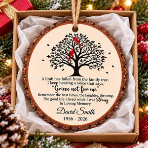 Personalized Wood Memorial Christmas Ornament - Custom Name and Years Cardinal Family Tree Sympathy