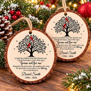 Personalized Wood Memorial Christmas Ornament - Custom Name and Years Cardinal Family Tree Sympathy