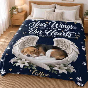 Personalized Pet Memorial Blanket - Custom Photo and Name Angel Wings Fleece Sherpa Sympathy Gift