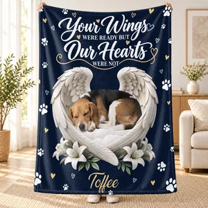 Personalized Pet Memorial Blanket - Custom Photo and Name Angel Wings Fleece Sherpa Sympathy Gift
