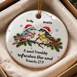 Custom Friendship Ceramic Ornament - Personalized Names Colorful Birds Christmas Tree Decoration