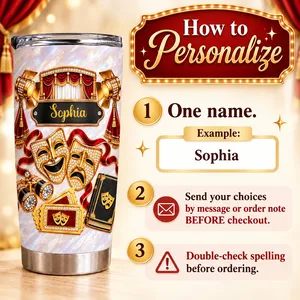 Personalized 20oz Tumbler Custom Name – Theater Lover Gift, Drama Stage Musical Theatre Stainless Steel Travel Cup, Actress Gift