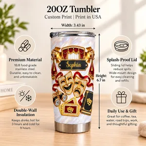 Personalized 20oz Tumbler Custom Name – Theater Lover Gift, Drama Stage Musical Theatre Stainless Steel Travel Cup, Actress Gift