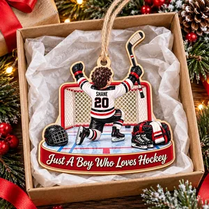 Personalized Hockey Boy Wood Christmas Ornament Custom Name and Jersey Number Hockey Player