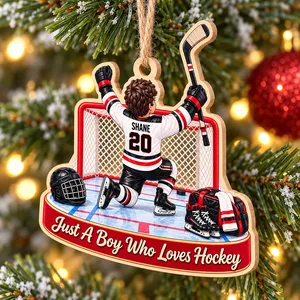 Personalized Hockey Boy Wood Christmas Ornament Custom Name and Jersey Number Hockey Player