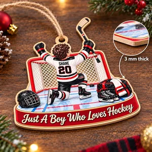Personalized Hockey Boy Wood Christmas Ornament Custom Name and Jersey Number Hockey Player