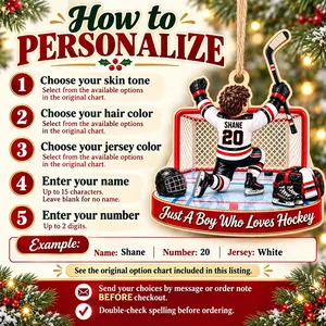 Personalized Hockey Boy Wood Christmas Ornament Custom Name and Jersey Number Hockey Player
