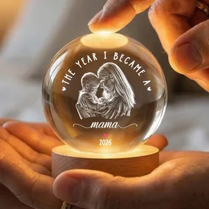 Gift For New Mom - Personalized Custom Photo Pencil Sketch The Year I Became A Mama Crystal Globe Lamp