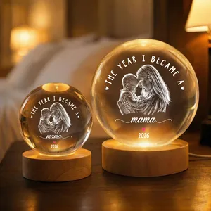 Gift For New Mom - Personalized Custom Photo Pencil Sketch The Year I Became A Mama Crystal Globe Lamp