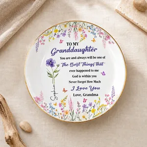 Personalized Ring Dish Custom Birth Flower and Name Granddaughter Gift Grandma Keepsake Jewelry Holder Floral Ring Tray Gift
