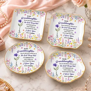 Personalized Ring Dish Custom Birth Flower and Name Granddaughter Gift Grandma Keepsake Jewelry Holder Floral Ring Tray Gift