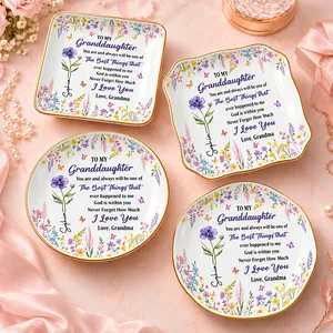 Personalized Ring Dish Custom Birth Flower and Name Granddaughter Gift Grandma Keepsake Jewelry Holder Floral Ring Tray Gift