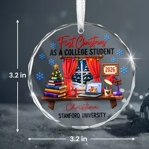 Personalized Round Glass Christmas Ornament Custom Name and University – First Christmas as a College Student 2026, College Keepsake Holiday Tree Decor Gift