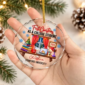 Personalized Round Glass Christmas Ornament Custom Name and University – First Christmas as a College Student 2026, College Keepsake Holiday Tree Decor Gift