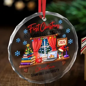 Personalized Round Glass Christmas Ornament Custom Name and University – First Christmas as a College Student 2026, College Keepsake Holiday Tree Decor Gift