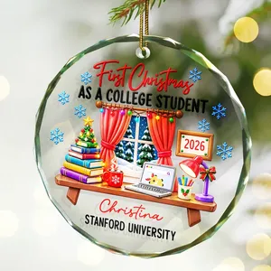 Personalized Round Glass Christmas Ornament Custom Name and University – First Christmas as a College Student 2026, College Keepsake Holiday Tree Decor Gift
