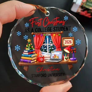 Personalized Round Glass Christmas Ornament Custom Name and University – First Christmas as a College Student 2026, College Keepsake Holiday Tree Decor Gift