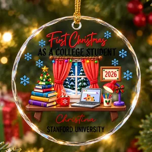 Personalized Round Glass Christmas Ornament Custom Name and University – First Christmas as a College Student 2026, College Keepsake Holiday Tree Decor Gift
