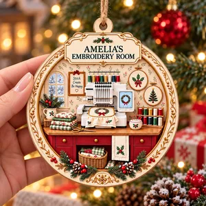 Personalized Wood Shaped Christmas Ornament Custom Name – Embroidery Room Keepsake, Embroidery Machine Sewing Lover Gift, Christmas Tree Decor