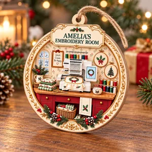 Personalized Wood Shaped Christmas Ornament Custom Name – Embroidery Room Keepsake, Embroidery Machine Sewing Lover Gift, Christmas Tree Decor