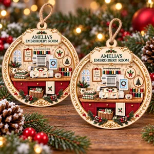 Personalized Wood Shaped Christmas Ornament Custom Name – Embroidery Room Keepsake, Embroidery Machine Sewing Lover Gift, Christmas Tree Decor