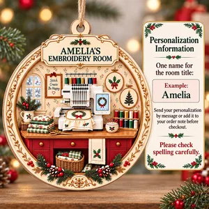 Personalized Wood Shaped Christmas Ornament Custom Name – Embroidery Room Keepsake, Embroidery Machine Sewing Lover Gift, Christmas Tree Decor