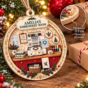 Personalized Wood Shaped Christmas Ornament Custom Name – Embroidery Room Keepsake, Embroidery Machine Sewing Lover Gift, Christmas Tree Decor
