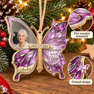 Personalized Wood Shaped Christmas Ornament Custom Photo and Name – Memorial Butterfly Keepsake, In Loving Memory Christmas Tree Decor, Sympathy Gift