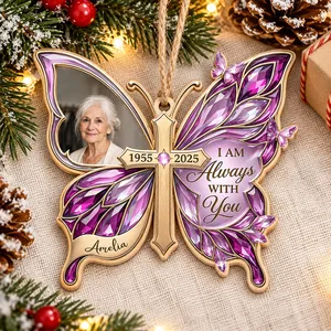 Personalized Wood Shaped Christmas Ornament Custom Photo and Name – Memorial Butterfly Keepsake, In Loving Memory Christmas Tree Decor, Sympathy Gift