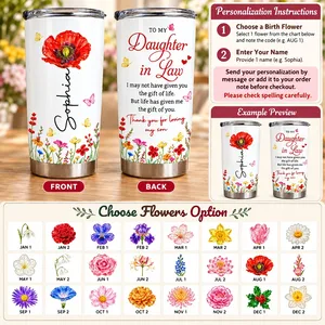 Personalized 20oz Tumbler Custom Birth Flower and Name – Daughter in Law Gift, Floral Keepsake Travel Cup, Mother in Law Christmas Gift