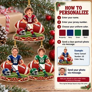 Turn His Favorite Photo Into a Football Star Personalized Christmas Ornament, Custom Name & Number, Football Player Keepsake Gift