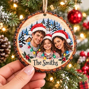 Personalized Snowy Pine Forest Christmas Ornament - Custom Family Photo and Name