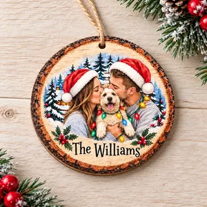 Personalized Snowy Pine Forest Christmas Ornament - Custom Family Photo and Name
