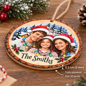 Personalized Snowy Pine Forest Christmas Ornament - Custom Family Photo and Name
