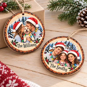 Personalized Snowy Pine Forest Christmas Ornament - Custom Family Photo and Name