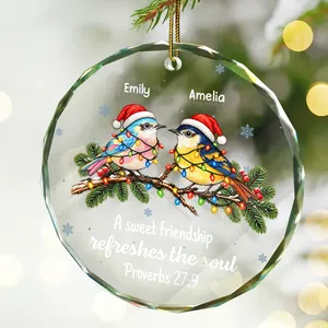 Christmas Birds Friendship Proverbs 27:9 – Personalized Best Friend Names Round Glass Ornament, Custom Christian Friendship Gift